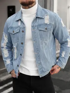 Men's washed and ripped vintage denim jacket for autumn and winter, a double-pocketed regular casual distressed street-style spring jacket, an essential men's denim jacket suitable for daily casual outfits and creating a classic American casual look 🔥