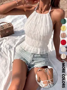 Summer Beach Vacation Style Women's Halter Top, Back Tie Ruched Wood Ear Waist Cinch Short Strap, Multiple Colors Available