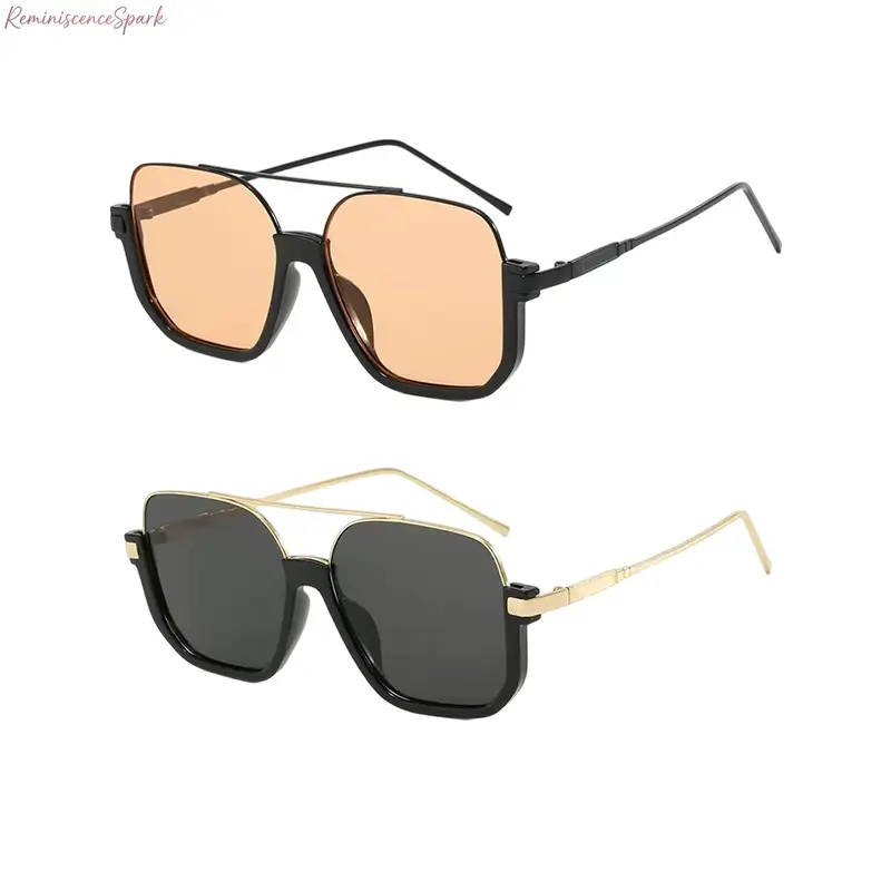 2-Pack Unisex Oversized Square Lens Sunglasses, Retro Metal Double Bridge Frame, Comfortable Clear AC Lens Eyewear, Classic Trendy Design, Ideal for Daily Outfits, Road Driving and Casual Street Fashion