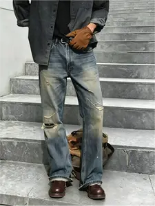 Men’s Oversized Retro Destroyed Flare Jeans, Heavy‑Wash Frayed Distressed Paint‑Splatter Wide‑Leg Bootcut Denim Trousers for Urban Street Style summerwins