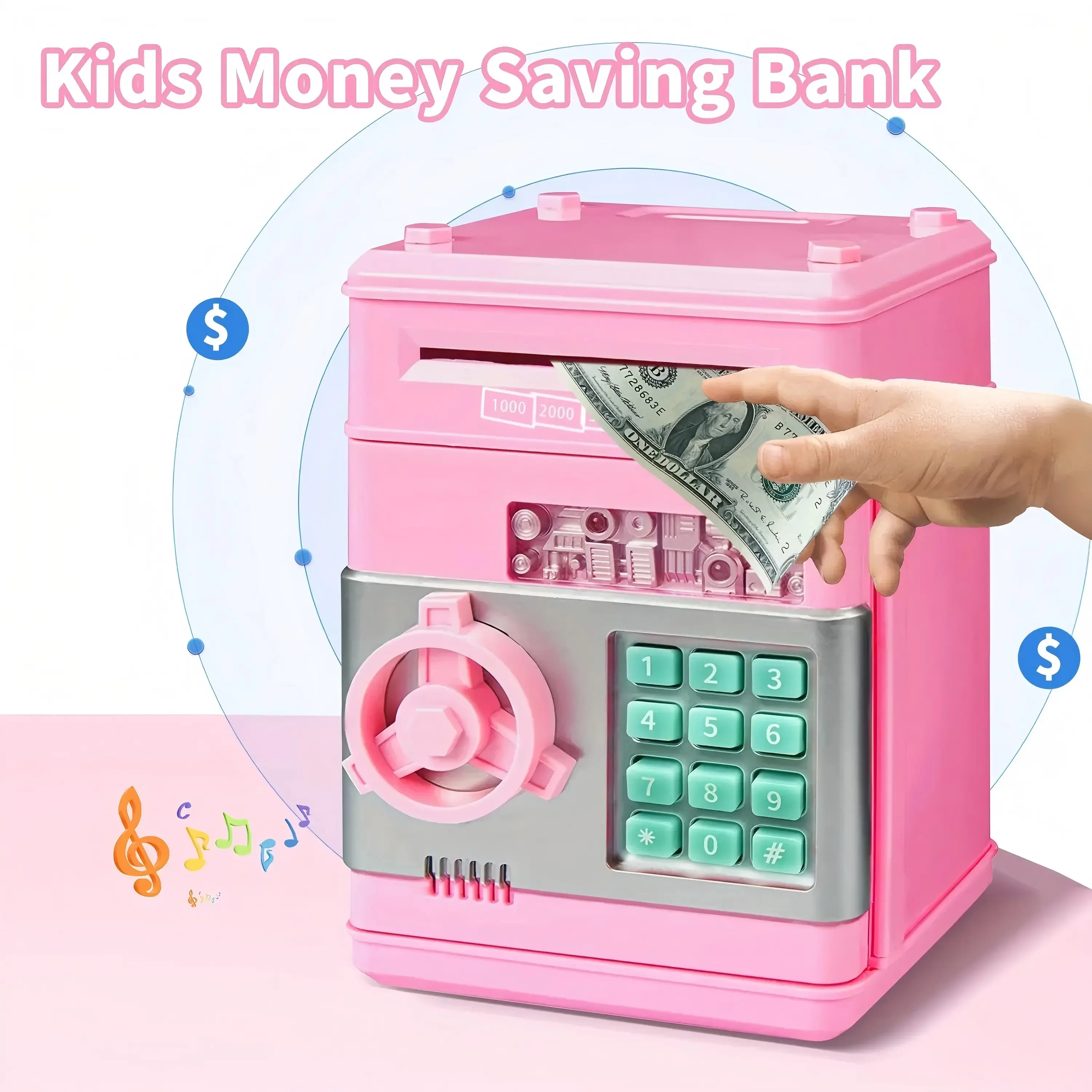 Pink/black  Piggy Bank for Kids with Password Code Lock and Auto Grab Bill Slot, Real Money Cash Coin Can Saving Box Electronic Money Safe Bank, Hot Gift for 4 7 8 9 10 11 Year Old Boys Girls，money saving binder，money saving binder