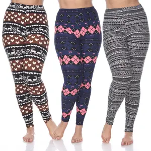 212 MAIN Original Women's Plus-Size Geometric Navy Full-Length Casual Leggings, 3-Pack, 1 Size (White Mark PACK 179)
