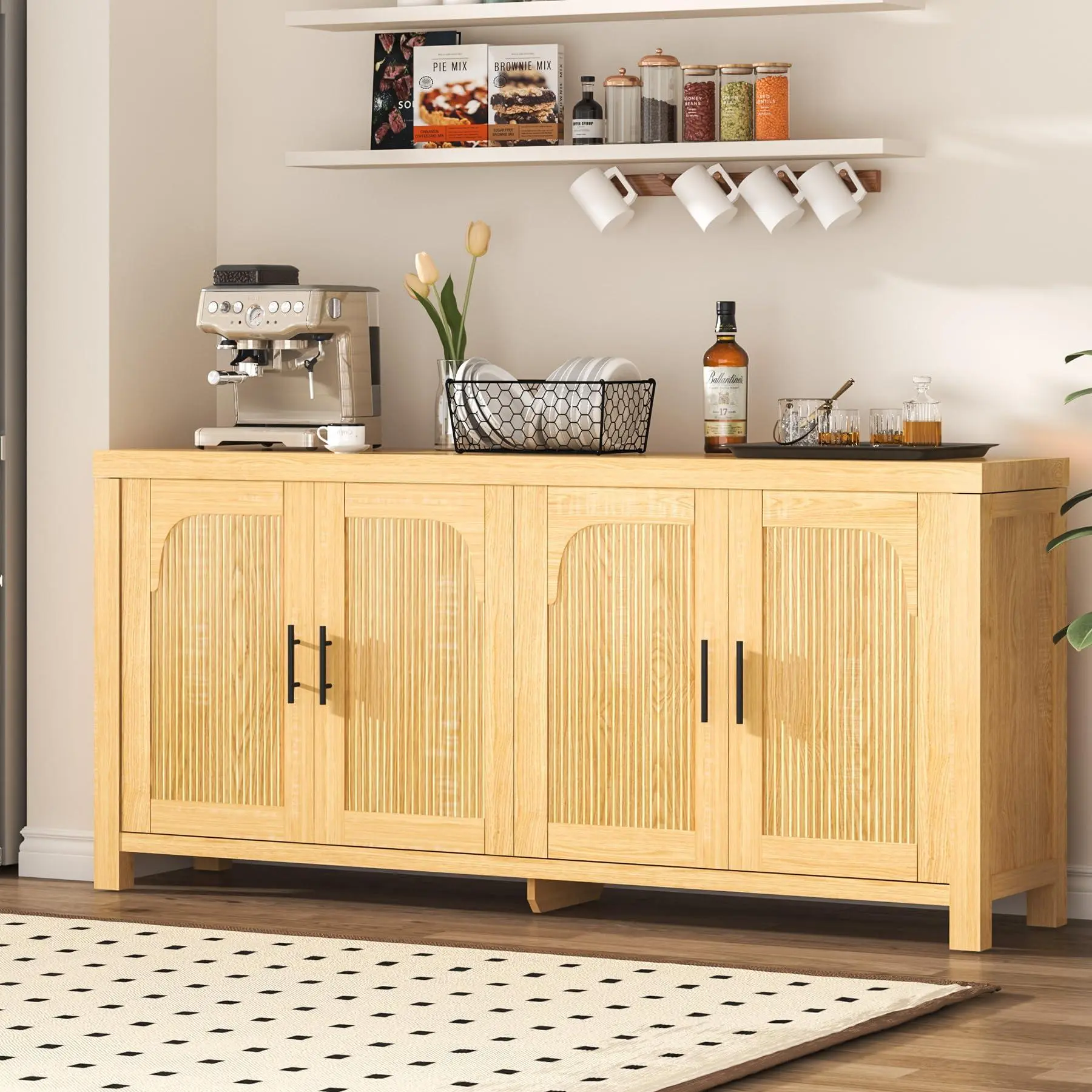 Light Oak 71" Sideboard Buffet Cabinet with 4 Doors, Fluted Credenza Storage Cabinet with Cable Management & Adjustable Shelves, Modern Farmhouse Accent Buffet Table for Kitchen, Living Room