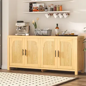 Light Oak 71" Sideboard Buffet Cabinet with 4 Doors, Fluted Credenza Storage Cabinet with Cable Management & Adjustable Shelves, Modern Farmhouse Accent Buffet Table for Kitchen, Living Room