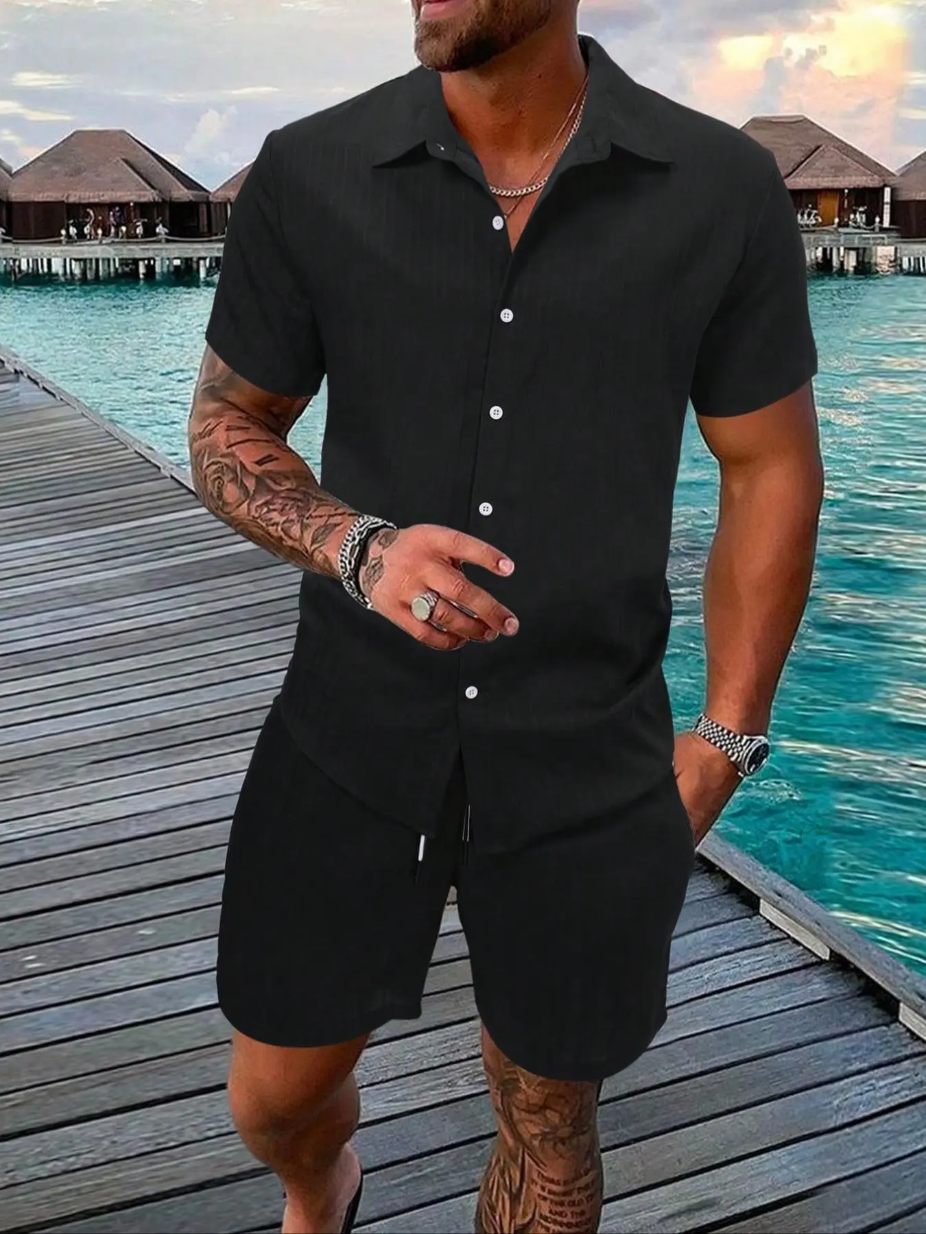 Two-Piece Set Men's Regular Fit Solid Textured Breathable Collared Short Sleeve Shirt & Shorts, Outfit Sets Casual Tropical Summer Set for Men, Mens Clothes for Beach Vacation