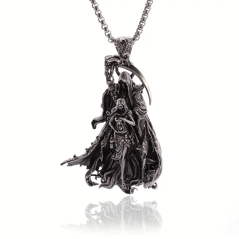 Gothic Death Scythe Pendant Necklace, Unique Punk Alloy Jewelry for Men, Vintage Accessory for Halloween and Concerts, Male, Antique Silver, Daily, Adults, Party, Vintage Gothic Death Scythe, Soul Of Life