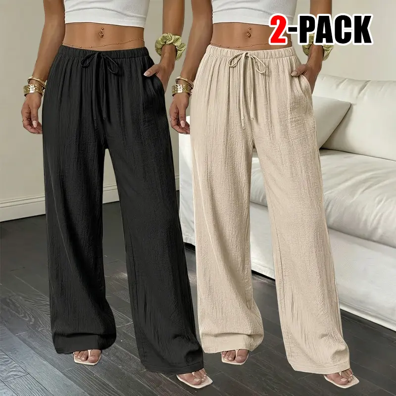 2-Pack Women's Elegant Minimalist Solid Linen Straight Leg Trousers, Flowy Draped Casual Pants, Versatile Bottoms Suitable for Daily Commuting, Beach Vacations and Casual Outings