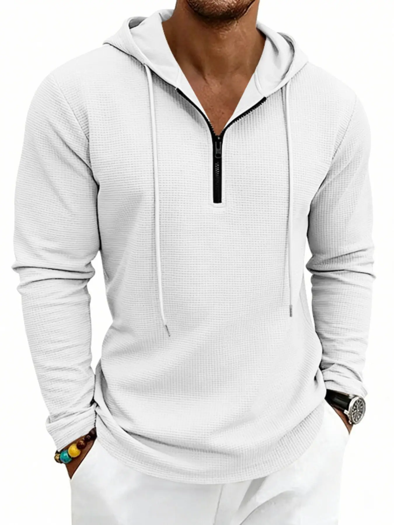Men's Classic Solid Color Waffle Half-Zip Hoodie for Daliy Wear, Long Sleeve Drawstring Pullover, Casual Lightweight Hooded Top, Streetwear Fashion, Sweatshirts, Casual Sporty Hoodies, Adjustable Drawstring Hoodie, Multiple Colors Available