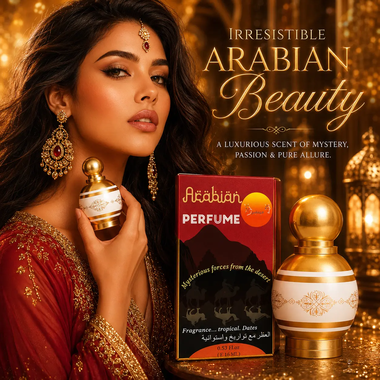 Oriental Arabian Perfume Concentrated Oil, Tropical Dates Scent Long Lasting Roll-On Fragrance, Vintage Golden Embossed Bottle with Gift Box, Exotic Desert Aroma, Perfect Gift for Her and Him