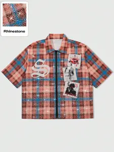 Men's Casual Plaid Rhinestone Fitted Shirt, Lightweight Summer Style, Chessboard Design, Perfect for Casual Wear and Outdoor Activities