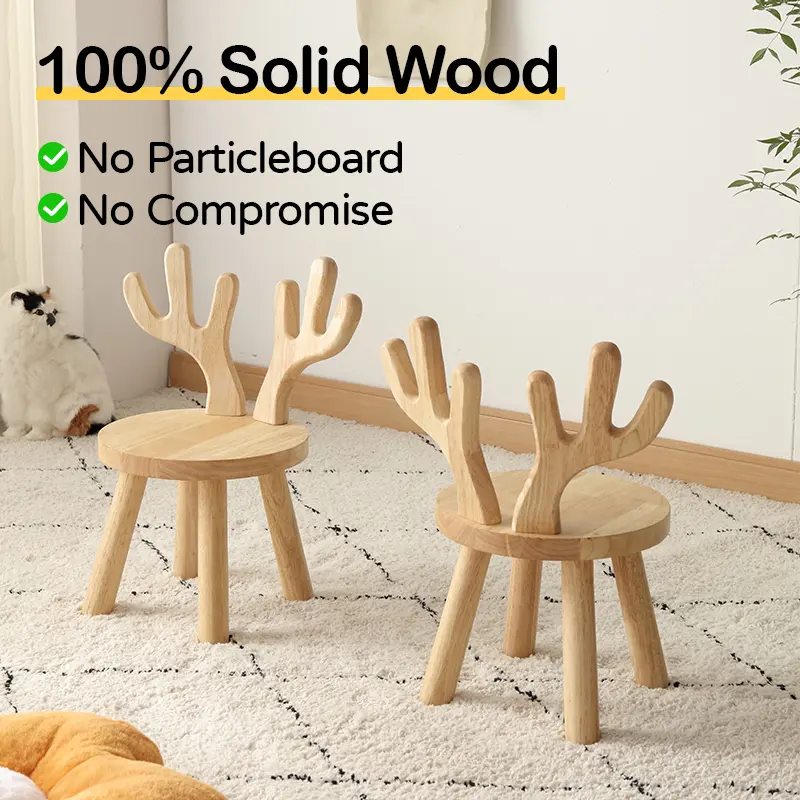 Solid Wood Deer Stool for Kids Toddler Chair Entryway Bench with Eco Friendly Wax Finish Safe Non Toxic Handcrafted Cute Nursery Furniture
