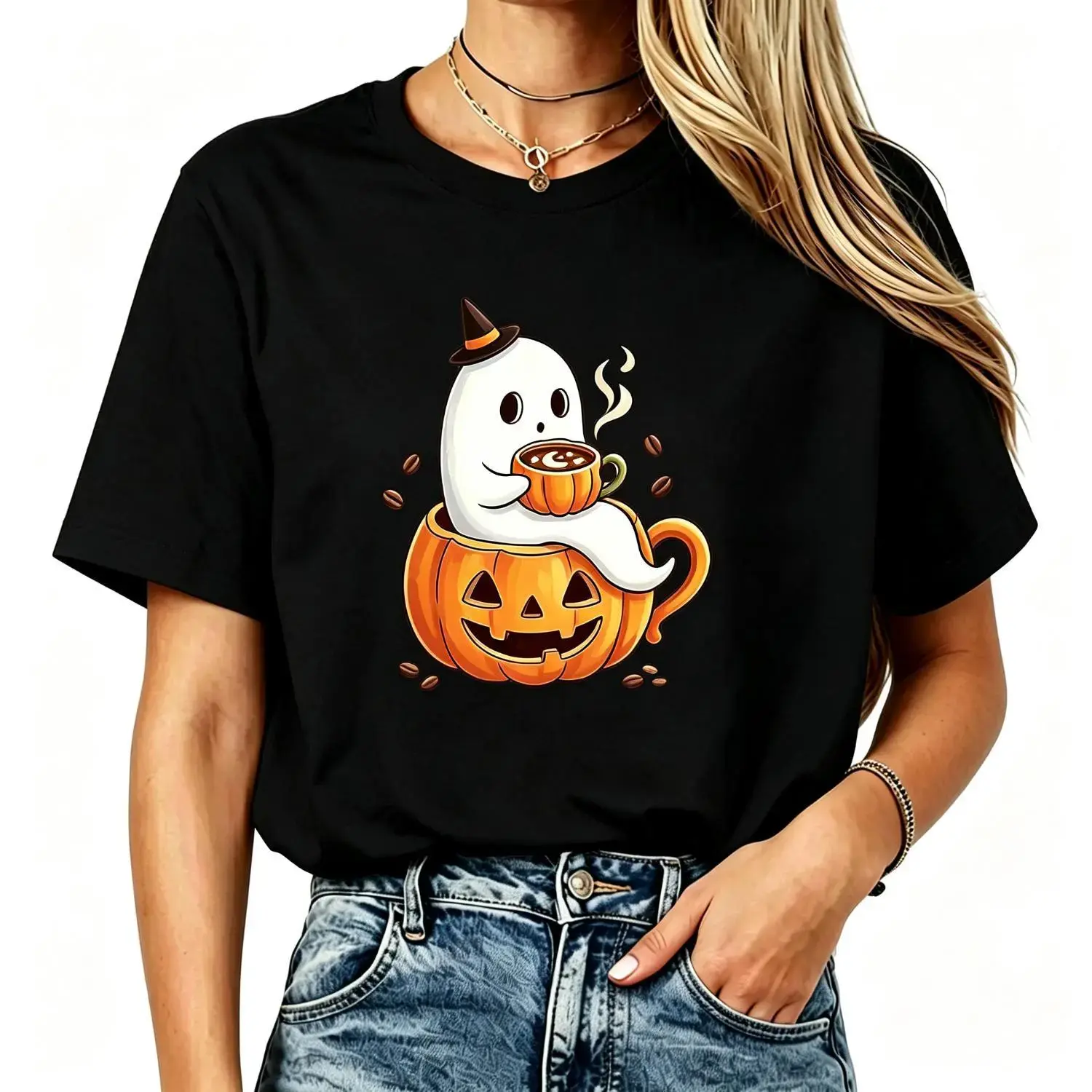 Women's Halloween Cotton Crew Neck Short-Sleeve T-Shirt - Breathable Graphic Print Coffee Witch Ghost Pumpkin Fashion Apparel For Fall Spooky Season Casual Wear