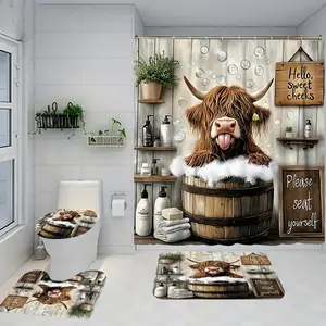 1/4 piece farmhouse cute and humorous design bathroom set, including soft floor mats, toilet seat cushions, shower curtains, creating elegant decoration, home decor, floor mats with good rebound, water absorption, anti slip, and preferred gift giving