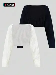 Women's Textured Raglan Sleeve Shrug Set, Casual Fitted Long Sleeve Knitwear Tops for Spring & Fall, Ladies Knit Clothes Womenswear Knitting Style for Daily Wear