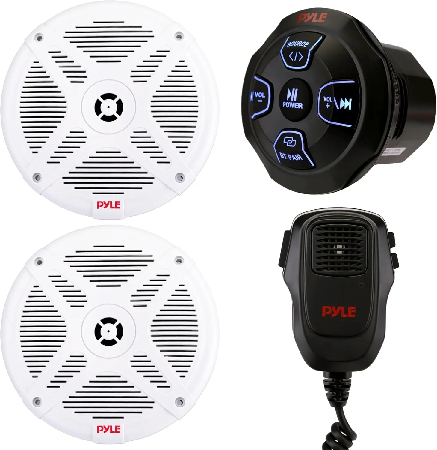 Pyle Dual 6.5” Waterproof Marine Audio Kit with Bluetooth Amplified Receiver & Handheld Microphone, Complete Onboard Sound System with 6.5 Marine Speakers for Boats and Watercraft (White)