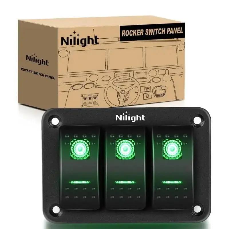 Nilight 3-Gang Aluminum 5-Pin Pre-Wired Backlighted Rocker Switch Panel - 12V-24V DC Green Non-Wi-Fi Cord Switches for Trucks, Long-Lasting Durability, DIY Stickers, Easy Installation Control Lights