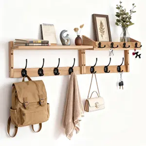 29 Inch Length Shelf with Hooks Entryway Coat Rack, 4 in 1 Wall Mounted Coat and Key Hanger, Wall Mount Wood Coat Hooks with Shelf Wall-Mounted Coat Hook Rack with 11 Hooks for Bathroom, Living Room, Bedroom