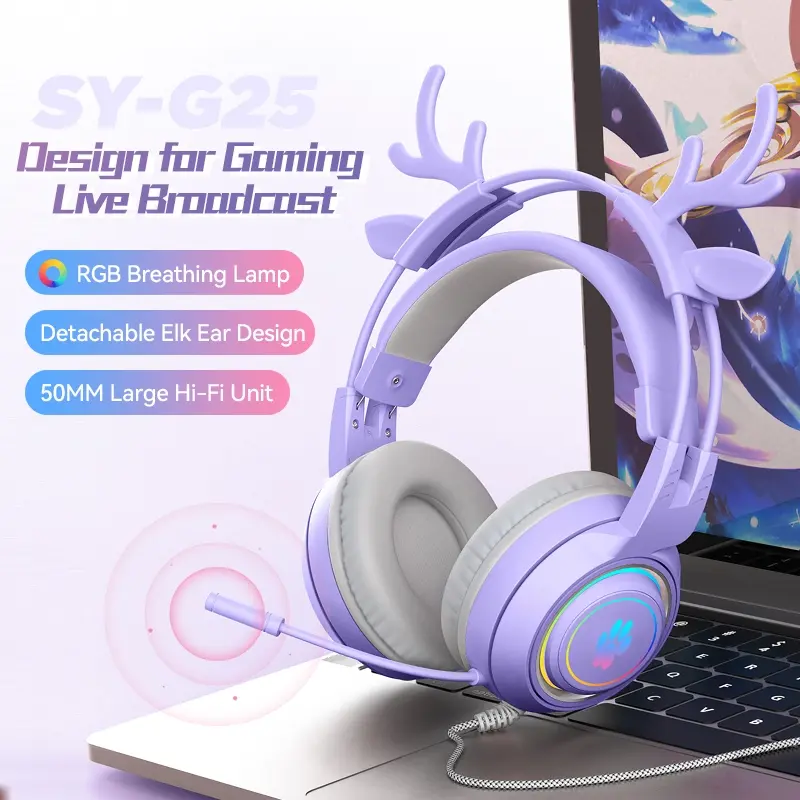 Sy-G25 Fashionable Cute Deer Ear Glowing Headset, Headphone, Over Ear Headphones, Wired Over-Ear Gaming Microphone, PC Headset, Multi-Device Compatible, Unisex Outdoor Travel Essential