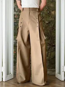 Men's Plain Wide Leg Pants, Casual Fit Trousers, Fake Button Decoration, Fashion Loose Fit, All Season Business Casual Style, Comfortable Wear, Casual Streetwear Trousers
