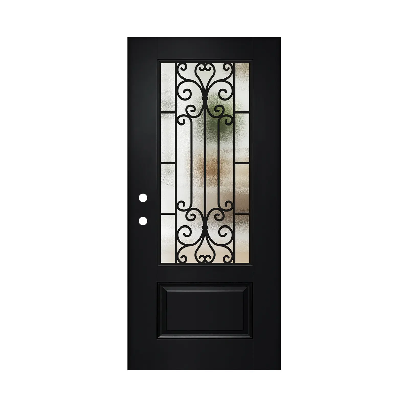 36 x 80 Fiberglass Entry Door Slab with 3/4 Lite Wrought Iron Glass, Low-E, Right-Hand Inswing, Black Textured Finish, Modern Style for Garden & Outdoor