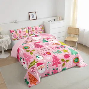 Feelyou Pink Christmas Duvet Comforter Set - Light Weight Blanket, Soft Breathable Bedding with Cute Cartoon Santa, Snowman, Pine Tree, Deer Prints for Kids