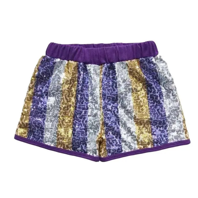 Girls' Purple Striped Sequin Shorts, Stylish Kids' Summer Fashion Bottoms with Glamorous Sparkly Details