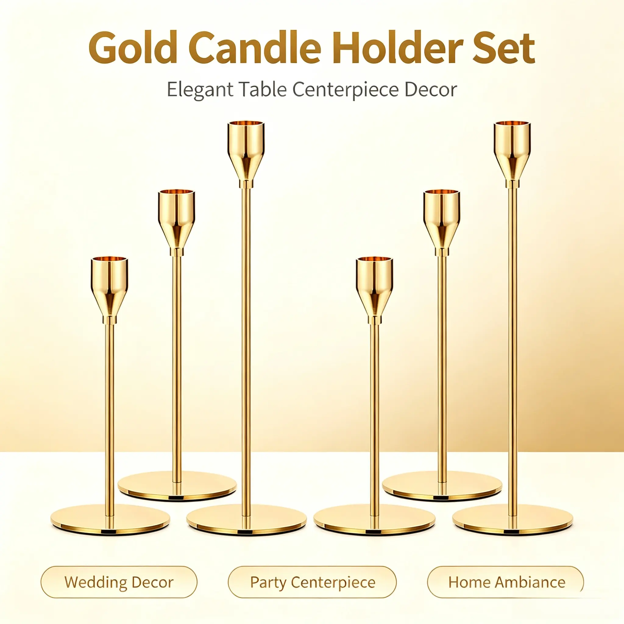 Gold Plated Tapered Metal Candle Holders - 6Pcs Detachable Cone Design, Vintage Glamour Decorative Home Supplies, Candle Holder Centerpieces for Wedding Reception & Home Ornaments