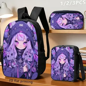 3Pcs Purple Anime Cat Girl Print Backpack Set Durable 600D Oxford Cloth School Bag Insulated Lunch Box & Pencil Case Combo Adjustable Breathable Strap Large Capacity Fits 15in Laptop for Kids Teens School Travel Outdoor Use