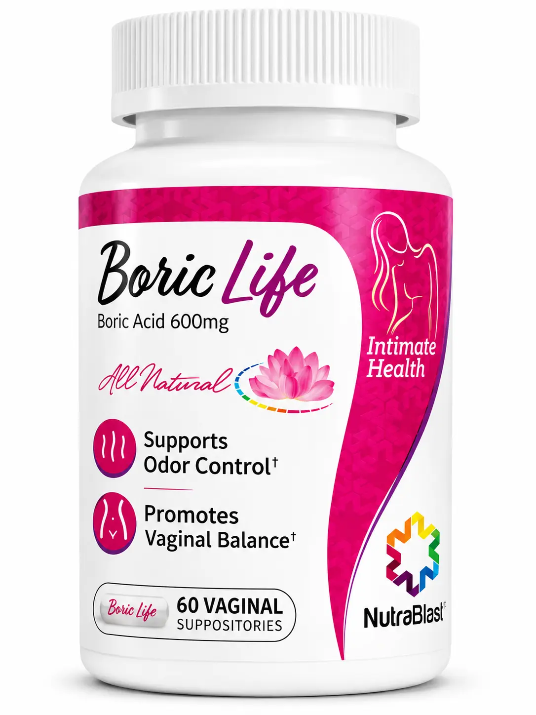 NutraBlast Boric Acid Suppositories - 100% Pure Made in USA - Boric Life Intimate Support (60 Count)