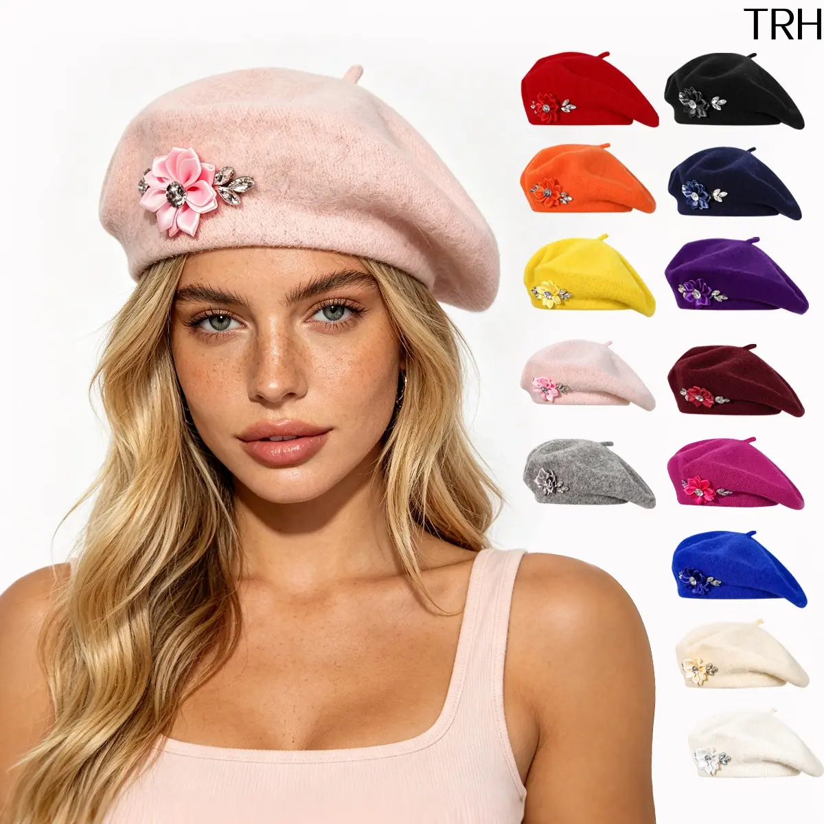 2026 French Style Wool Blend Beret Hat for Women, 3D Fabric Flower Rhinestone Leaf Decor Vintage Painter Cap, 56-59cm Face-Flattering Soft Warm Classic Headwear, Multi-Color Fall Winter Fashion Hat for Daily Streetwear Photoshoot Holiday Gift