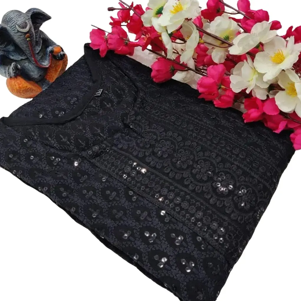 Exclusive 2 Pcs Sat Chikankari Sequence Work Kurta & Mastani - Black Cotton Set, Sizes 36-48, Super Fine Finishing, Elegant Design, Casual Wear
