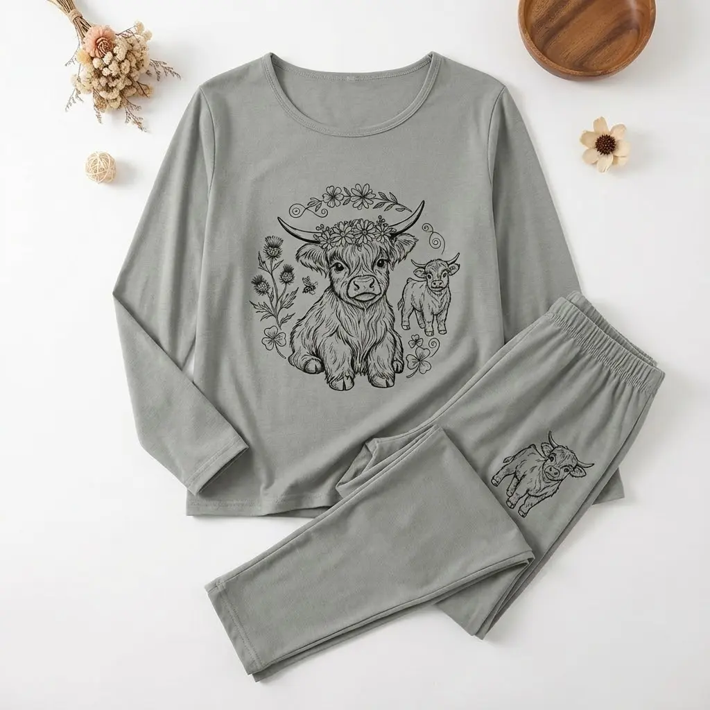 Women's Soft Stretchy Pajama Set, 2-Piece Casual Long-Sleeve Loungewear with Cute Cartoon Animal Print, All-Seasons Sleepwear, Knitting