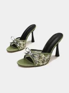 Women’s Bow Mesh Mule Heels Open Toe Slip On Sequin Floral High Heel Sandals for Party Vacation Summer Outfits