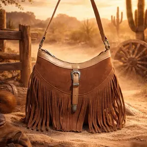 Light Brown Fringe Handbag with Buckle Detail and Adjustable Strap for Everyday Use
