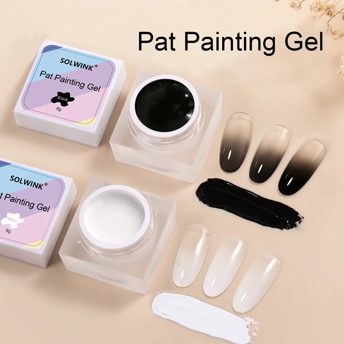 Pat Painting Gel Set, Black and White Kit for Sponge Nail Art Design, UV Cured Gels for Manicure, 2 x 6g Jars