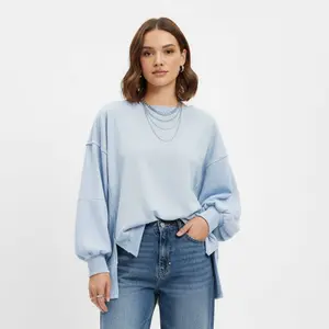 Women's Slouchy Crewneck Sweatshirt - Stretch Polyester Blend with Side Slit Details Cherie Code Light Blue XL