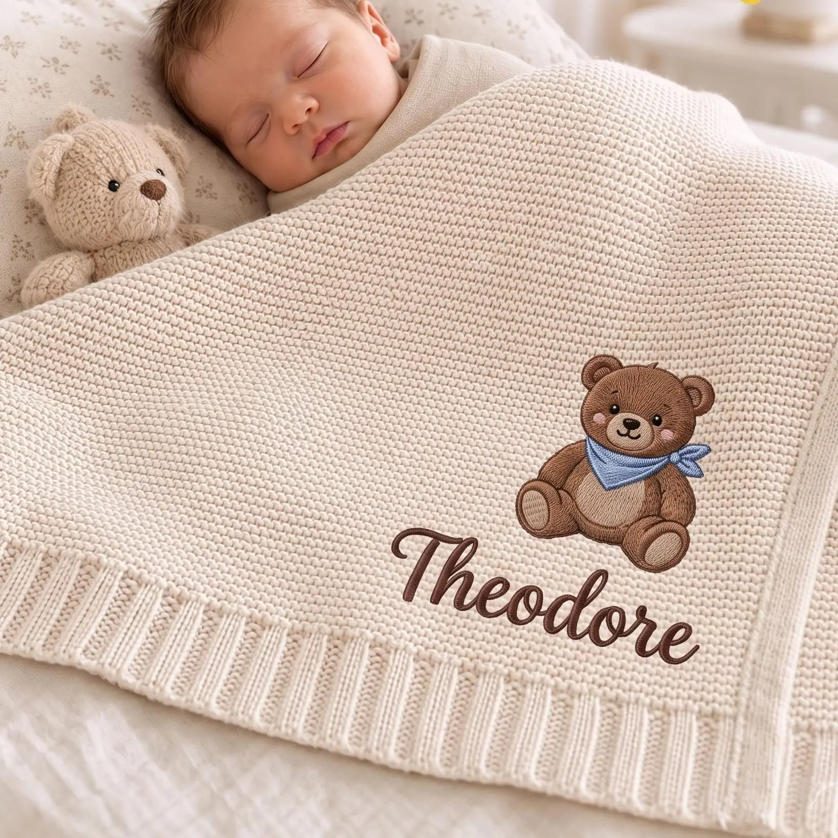 [Made-to-Order] Personalized Embroidered Teddy Bear Baby Blanket with Name - Custom Knit Newborn Gift, Gift For Baby, Nursery Keepsake, Newborn Gift