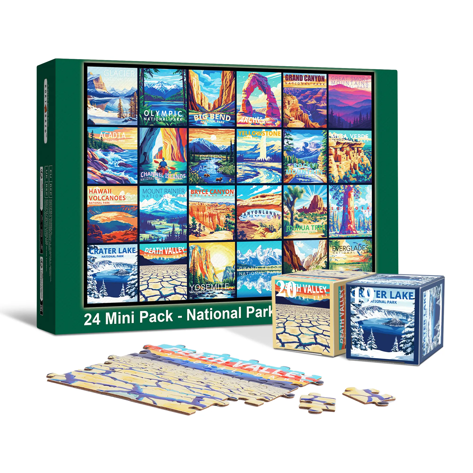 rokt&razo Travel Series, 24 Mini Pack 1000 Pieces Jigsaw Puzzle, 8 Puzzle Stickers, 3 Themes: National Parks, World Heritage, Global City Tour, Daily Puzzle, Family Game Night, Finished Size 27.5 x 19.7 in