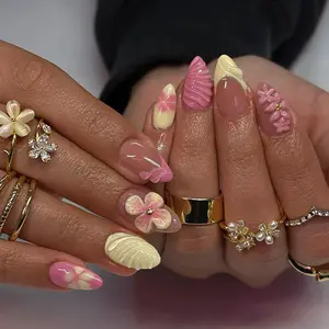 Summer Gradient Ice Flower Nail Art Set, Glossy Long Nails, Removable European Style, 24 Pieces, Perfect for Summer Fashion, Nail Art Design