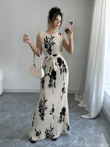 Women's Floral Print Belted Dress, Elegant Classy Flattering Sleeveless Tie Front Floor Length Dress for Party Holiday Wedding Guest, Ladies Clothes for All Seasons