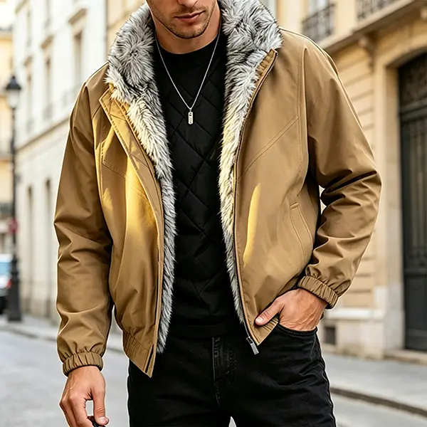 Men's Winter Bomber Jacket Fleece Lined Fluffy Fur Collar Quilted Inner Windproof Elastic Cuff Zip Up for Streetwear