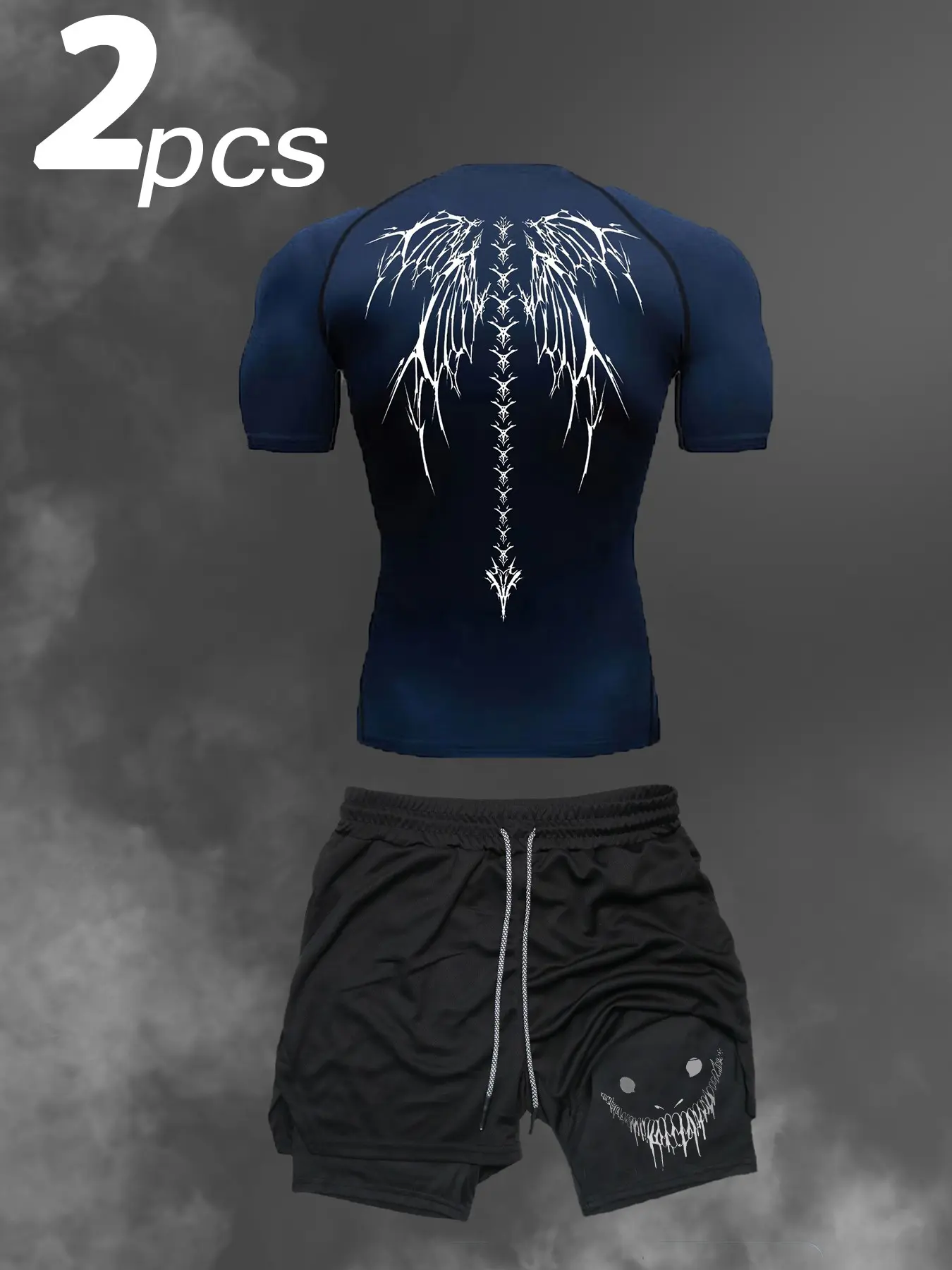 Men's Sportswear Set, Running Compression Quick-Dry Layer, Wings + Smiley Print, Short Sleeve Top & Tight Pants, Outdoor Sports Wear, Fitness Outfits, Athletic Apparel, Sporty Style Clothes, Summer Fitness Outfit