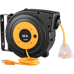 50 Ft Retractable Extension Cord Reel With 14 AWG 3-Conductor SJTW Cable, Auto Rewind Power Cord Reel For Indoor Outdoor Use, Heavy Duty Cable Organizer For Workshop, Garage, Yard, And Job Sites