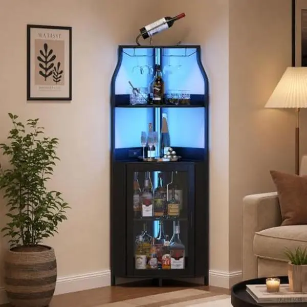 GAOMON Corner Bar Cabinet with Doors, 5-Tier Industrial Liquor & Wine Cabinet, Modern Furniture with Adjustable Shelves & RGB LED Lights, Mini Bar for Home, Kitchen, or Coffee Corner,familyfun