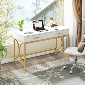 【BTS ONLY】Tribesigns 41" Computer Desk with 2 Drawers, Modern Study Writing Desk with Metal Frame for Home Office, Bedroom, White & Gold