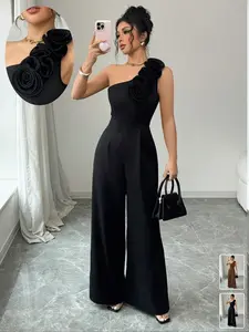 Women's Solid Color Jumpsuit, Elegant Sleeveless Wide Leg Jumpsuit, One Shoulder 3D Floral Decoration, Eye-Catching Fit Womenswear