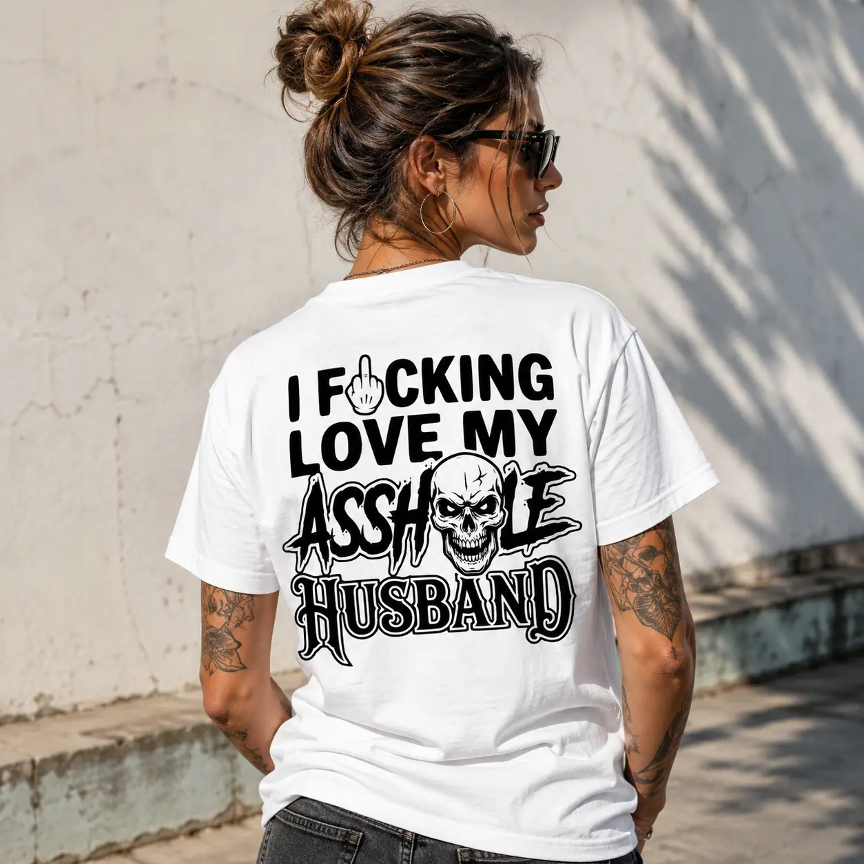Women's Humor Graphic Tee, Funny 'I F*cking Love My Assh*le Husband' Sarcastic Shirt, Cotton Blend Shortsleeve Top
