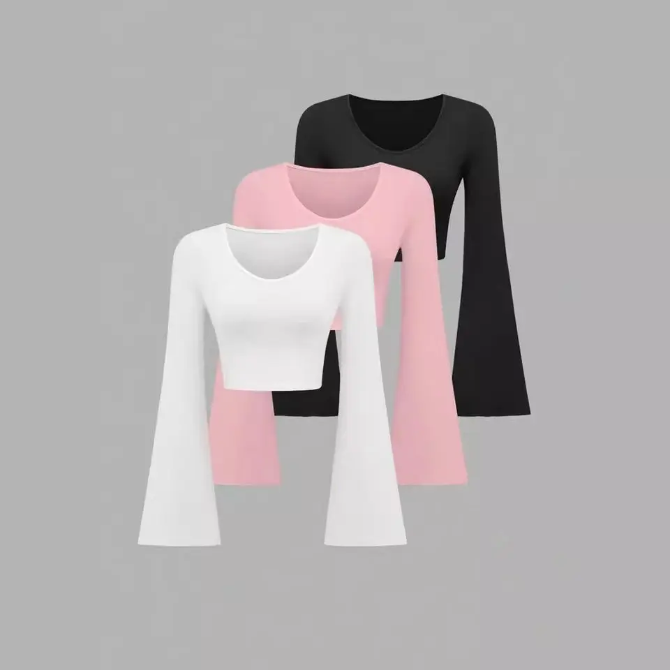 Fashion Solid Color Scoop Bell Sleeve Short Slim Fit Slimming T-shirt