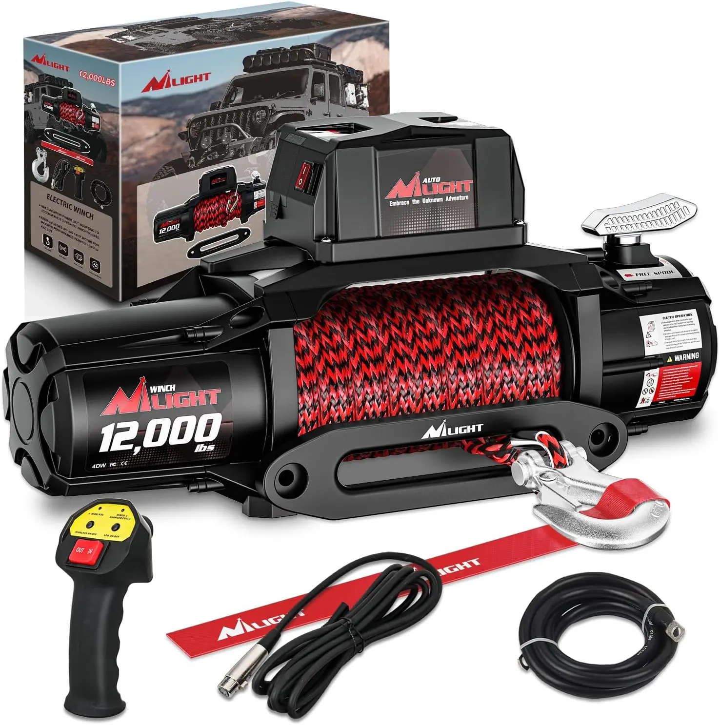 Nilight 12V 12000lbs IP68 Waterproof Electric Winch with Synthetic Rope, 3-IN-1 Smart Remote Control, Winch Strap Hook for Utility Trailers, SUV, Automobile Towing