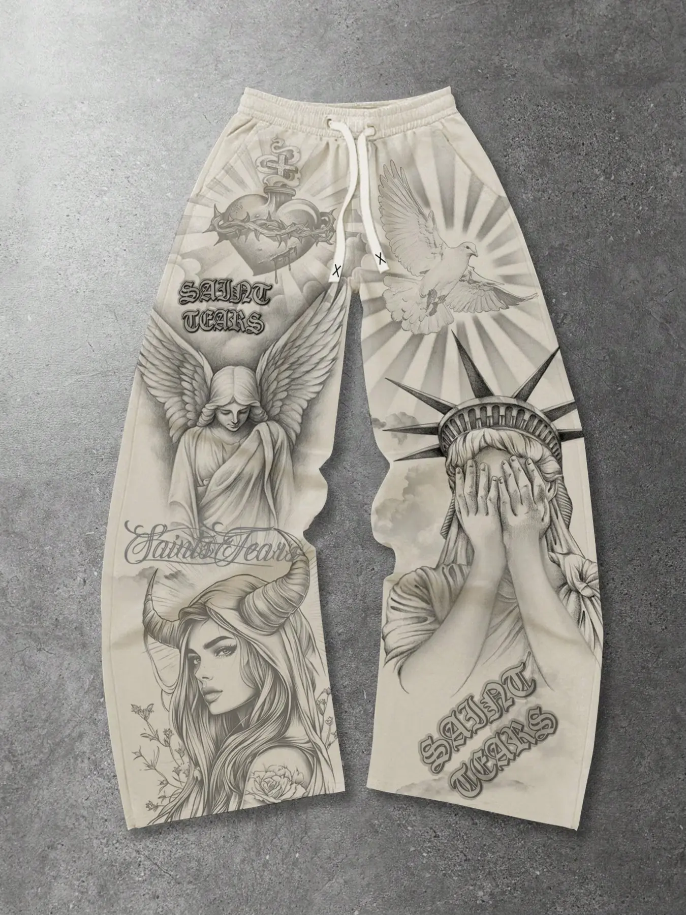 Street Life Unisex Casual Wide-Leg Religious Style Pants, Apricot Loose Drawstring Casual Fashion Sweatpants, Angel Sacred Heart Saint Print Sports Pants for Autumn and Winter, Athleisure Style Bottoms